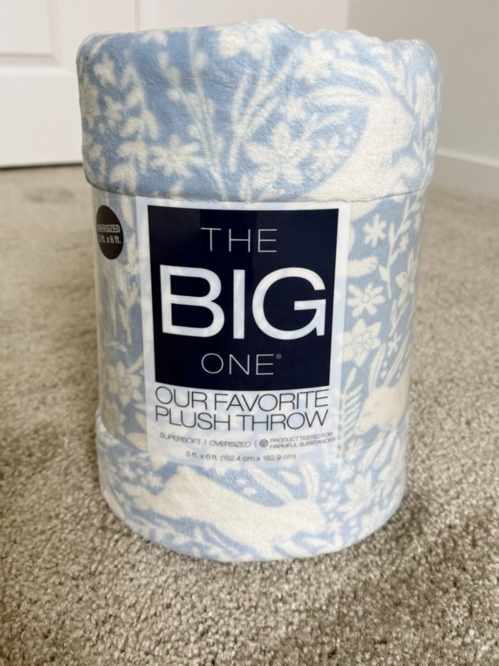 The Big One Blue and White Bunnies Floral Rabbits Fleece Throw Blanket